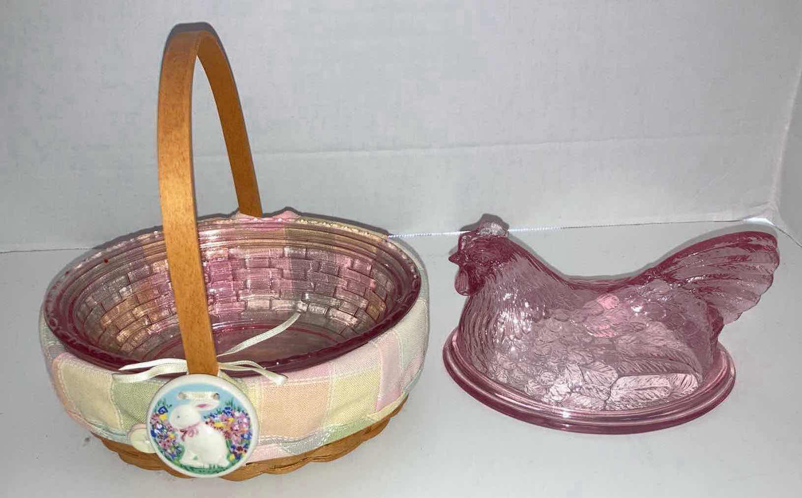 Photo 2 of LONGABERGER 2002 WHITEWASHED EASTER MAPLE WOOD BASKET W EASTER-COLOR FABRIC LINER & PINK GLASS HEN DISH 7.5” X 6.25” H6.5”