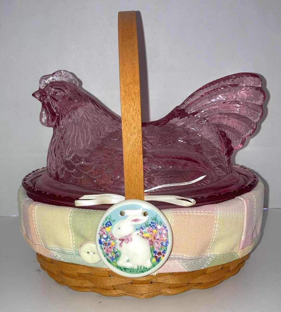 Photo 1 of LONGABERGER 2002 WHITEWASHED EASTER MAPLE WOOD BASKET W EASTER-COLOR FABRIC LINER & PINK GLASS HEN DISH 7.5” X 6.25” H6.5”