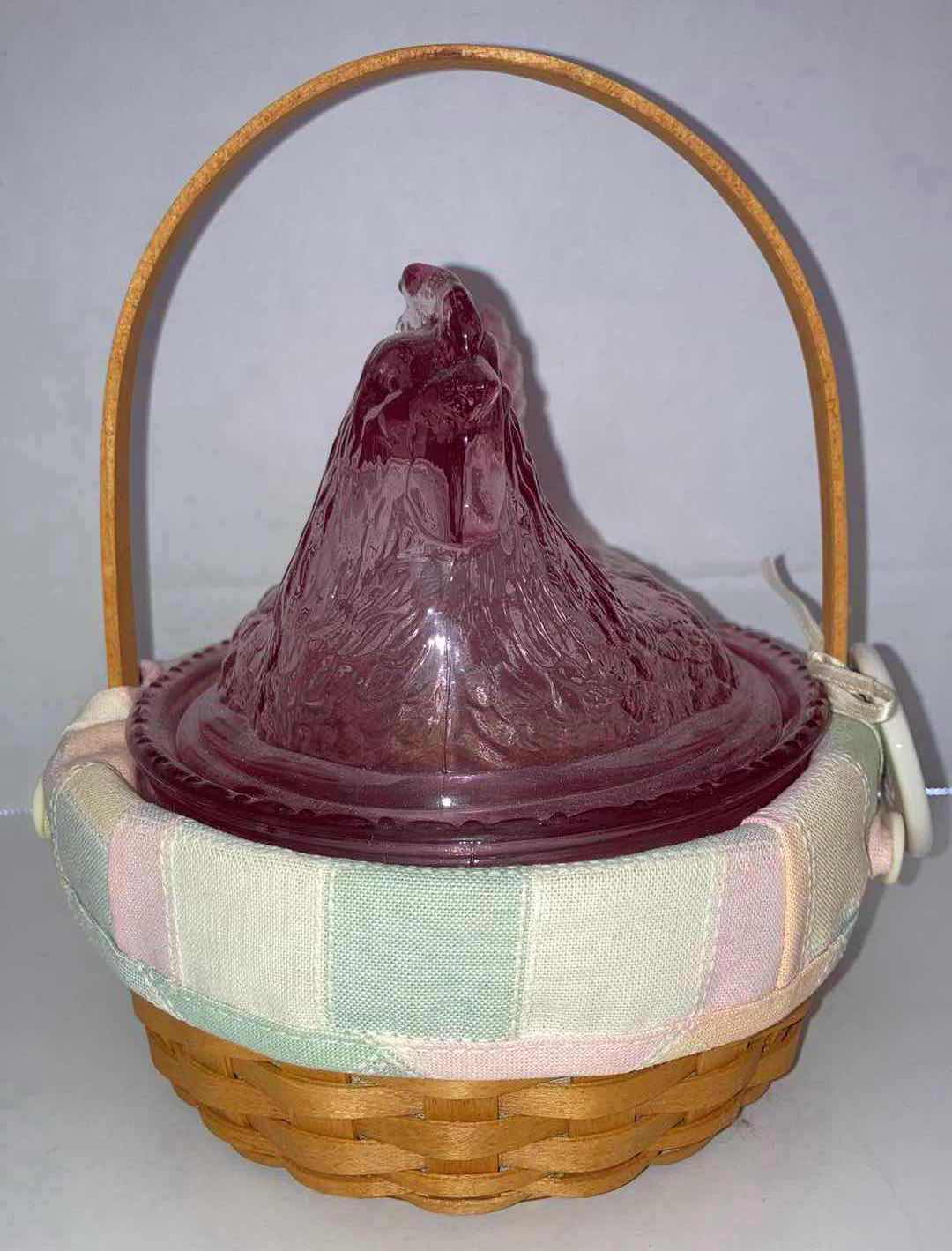 Photo 4 of LONGABERGER 2002 WHITEWASHED EASTER MAPLE WOOD BASKET W EASTER-COLOR FABRIC LINER & PINK GLASS HEN DISH 7.5” X 6.25” H6.5”