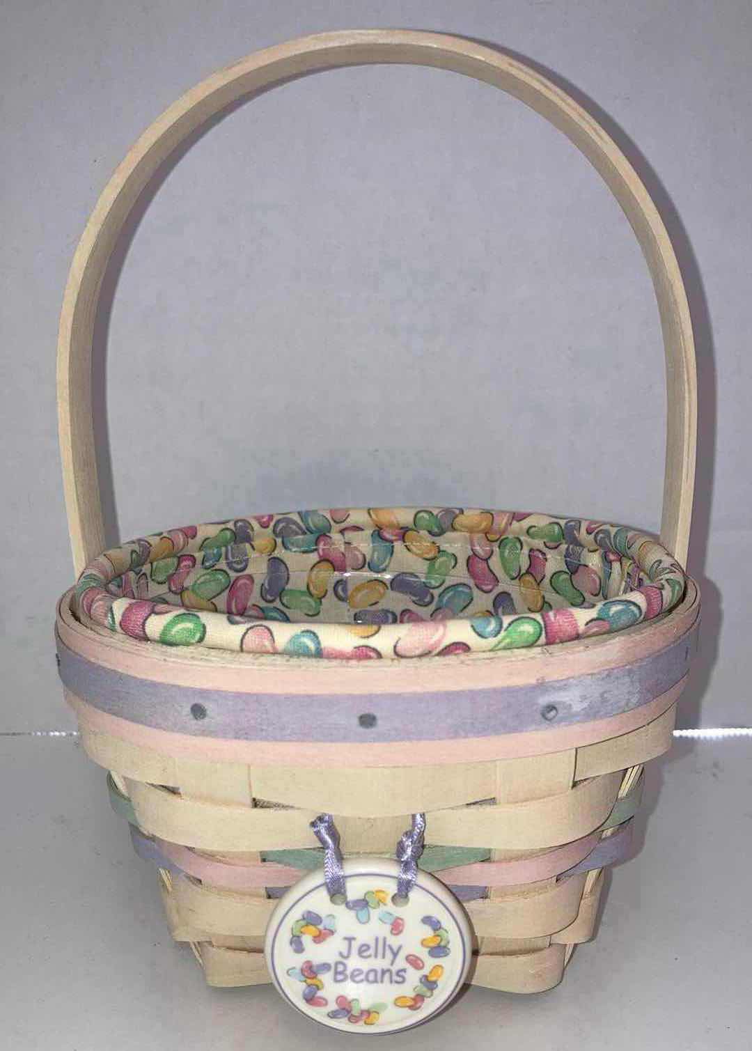 Photo 1 of LONGABERGER 2000 WHITEWASHED JELLY BEAN MAPLE WOOD BASKET W JELLY BEAN FABRIC LINER & BASKET PROTECTOR 5.5” X 5.5” H3.5”