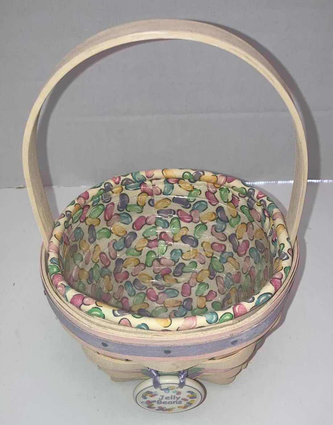 Photo 2 of LONGABERGER 2000 WHITEWASHED JELLY BEAN MAPLE WOOD BASKET W JELLY BEAN FABRIC LINER & BASKET PROTECTOR 5.5” X 5.5” H3.5”