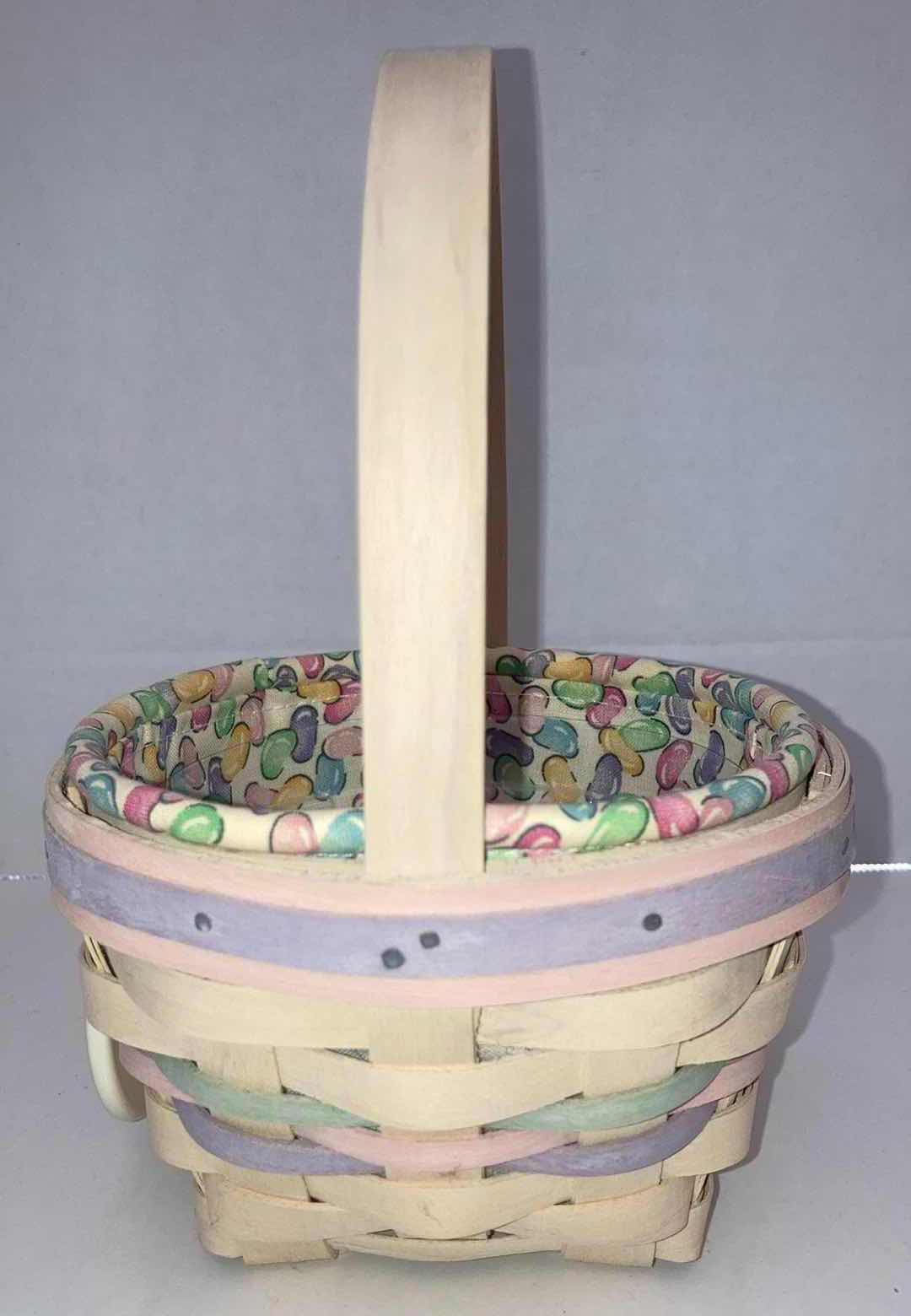 Photo 3 of LONGABERGER 2000 WHITEWASHED JELLY BEAN MAPLE WOOD BASKET W JELLY BEAN FABRIC LINER & BASKET PROTECTOR 5.5” X 5.5” H3.5”