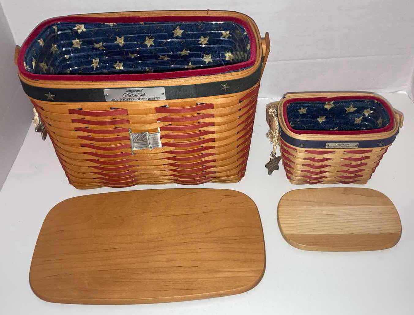 Photo 2 of LONGABERGER 2001 INAUGURAL & 2001 WHISTLE STOP MAPLE WOOD BASKETS W AMERICAN FLAG FABRIC LINER, LID & BAKSET PROTECTOR (6” X 4” H4.5 & 11” X 6” H8.25”)