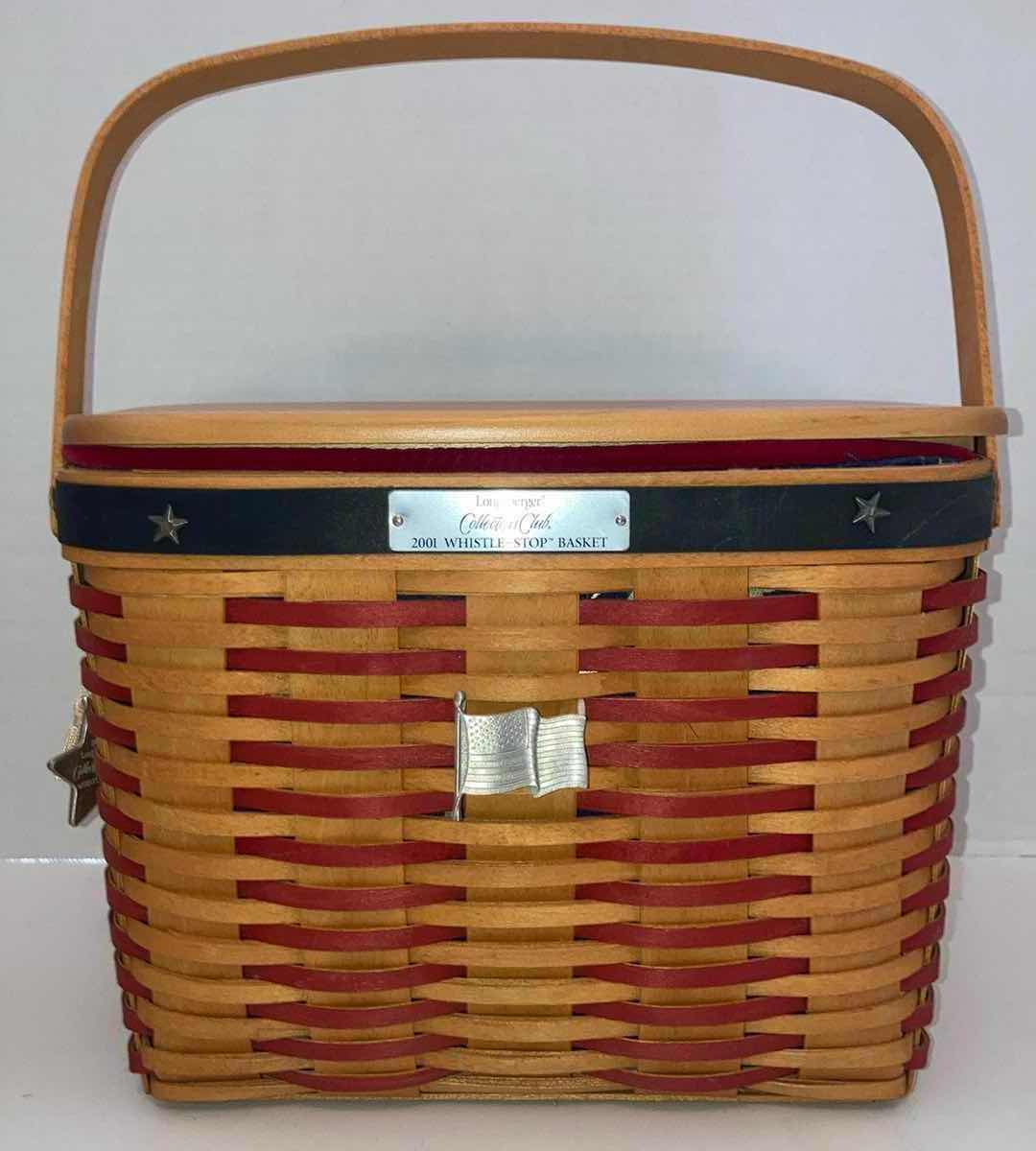 Photo 8 of LONGABERGER 2001 INAUGURAL & 2001 WHISTLE STOP MAPLE WOOD BASKETS W AMERICAN FLAG FABRIC LINER, LID & BAKSET PROTECTOR (6” X 4” H4.5 & 11” X 6” H8.25”)