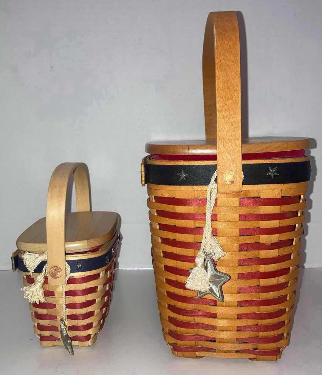 Photo 4 of LONGABERGER 2001 INAUGURAL & 2001 WHISTLE STOP MAPLE WOOD BASKETS W AMERICAN FLAG FABRIC LINER, LID & BAKSET PROTECTOR (6” X 4” H4.5 & 11” X 6” H8.25”)