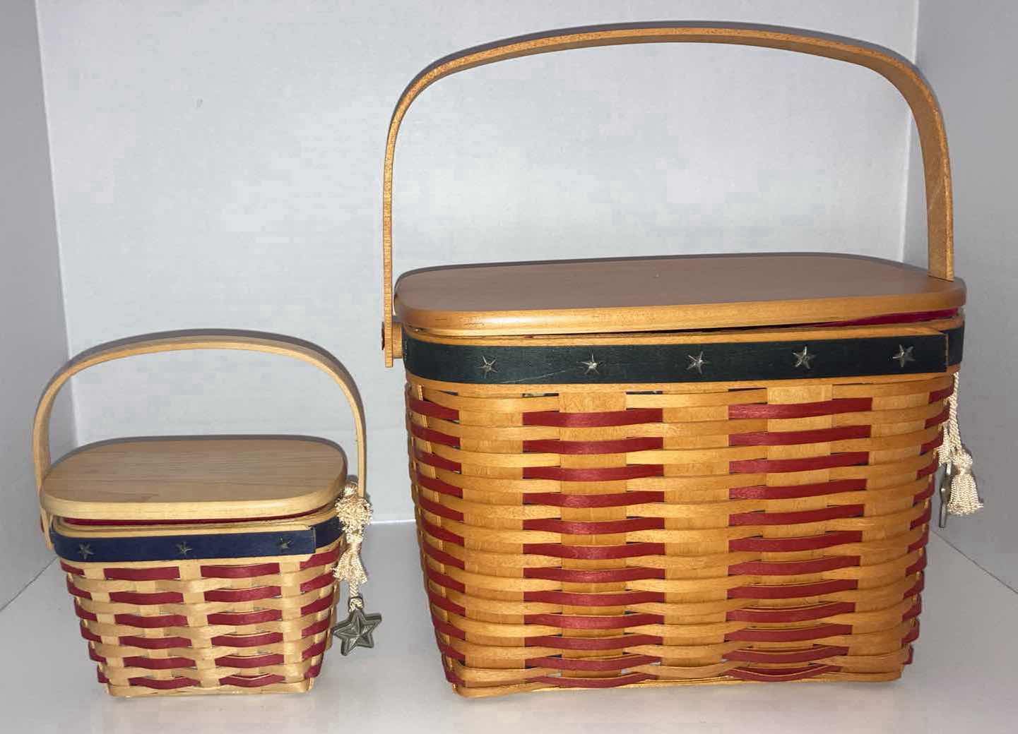 Photo 5 of LONGABERGER 2001 INAUGURAL & 2001 WHISTLE STOP MAPLE WOOD BASKETS W AMERICAN FLAG FABRIC LINER, LID & BAKSET PROTECTOR (6” X 4” H4.5 & 11” X 6” H8.25”)