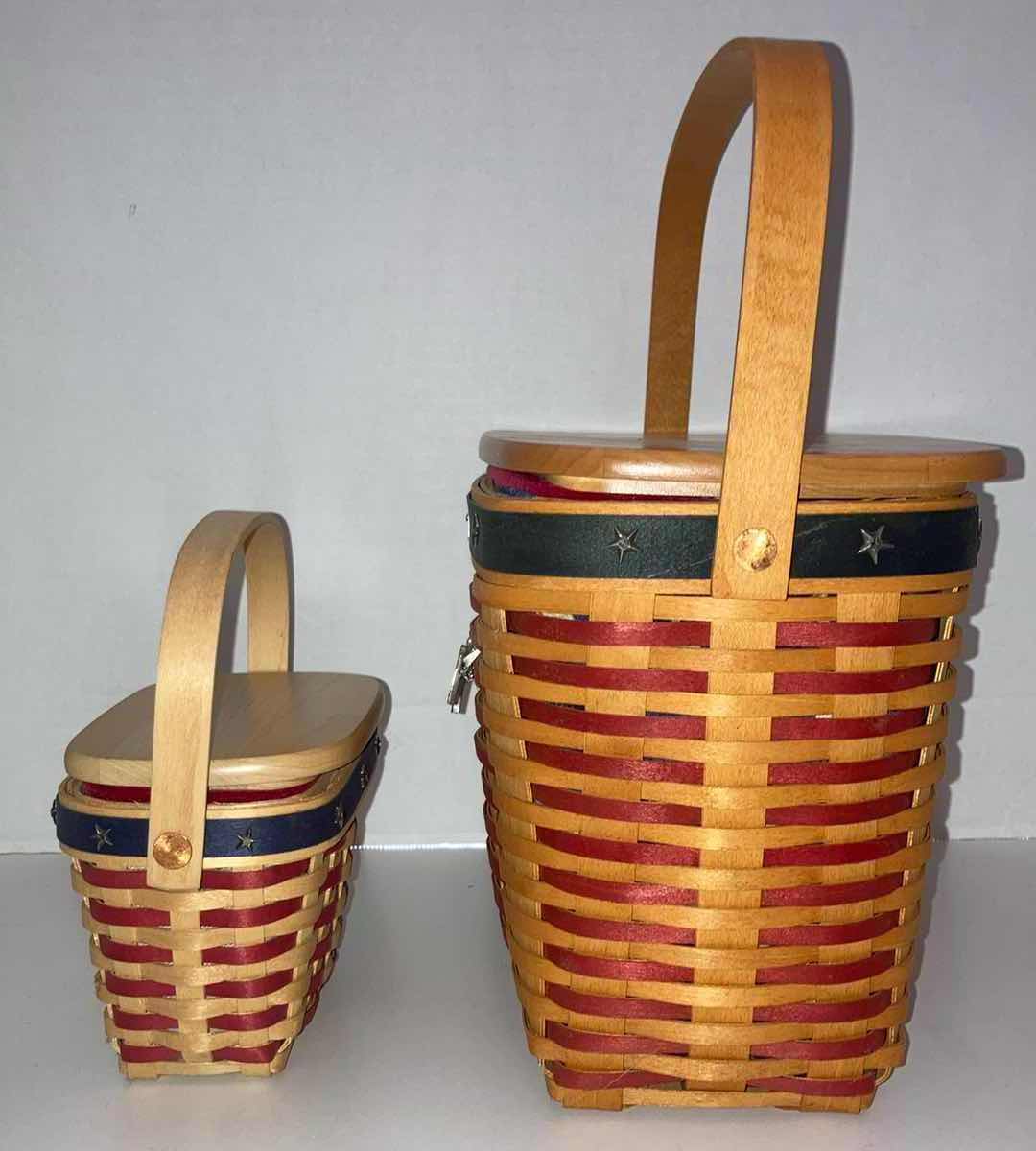 Photo 3 of LONGABERGER 2001 INAUGURAL & 2001 WHISTLE STOP MAPLE WOOD BASKETS W AMERICAN FLAG FABRIC LINER, LID & BAKSET PROTECTOR (6” X 4” H4.5 & 11” X 6” H8.25”)