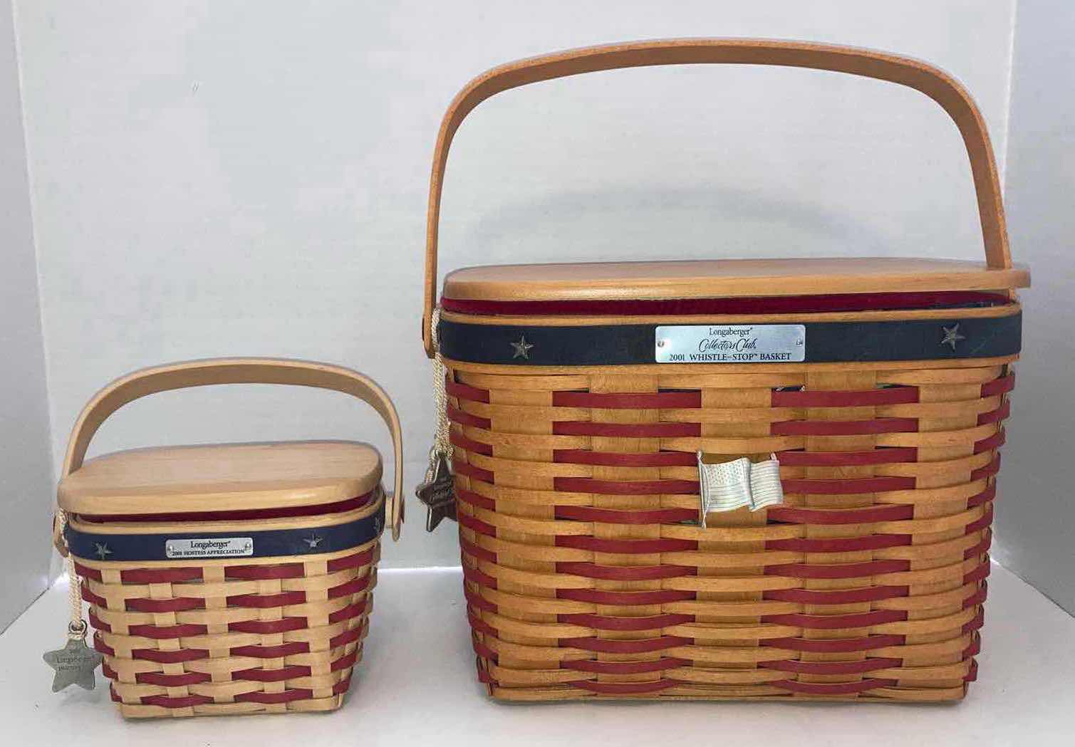 Photo 1 of LONGABERGER 2001 INAUGURAL & 2001 WHISTLE STOP MAPLE WOOD BASKETS W AMERICAN FLAG FABRIC LINER, LID & BAKSET PROTECTOR (6” X 4” H4.5 & 11” X 6” H8.25”)