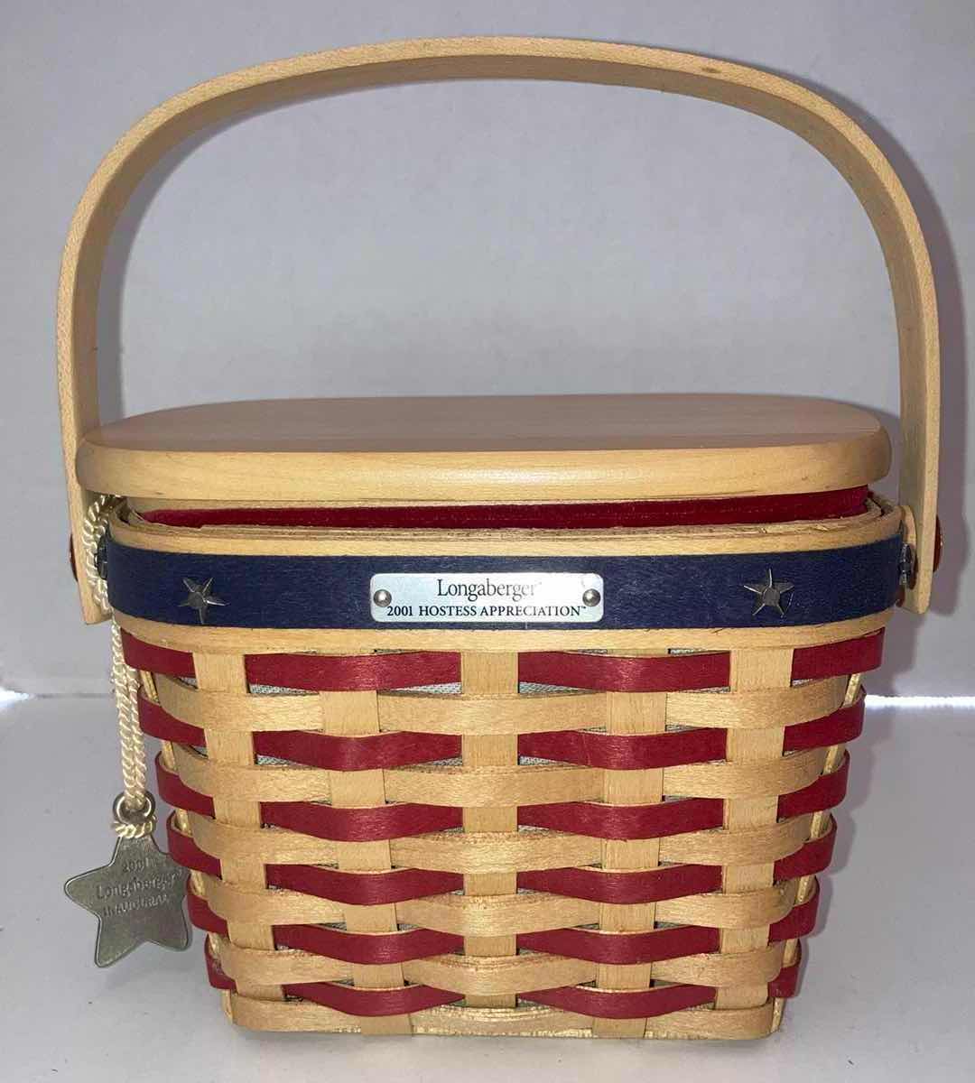 Photo 6 of LONGABERGER 2001 INAUGURAL & 2001 WHISTLE STOP MAPLE WOOD BASKETS W AMERICAN FLAG FABRIC LINER, LID & BAKSET PROTECTOR (6” X 4” H4.5 & 11” X 6” H8.25”)