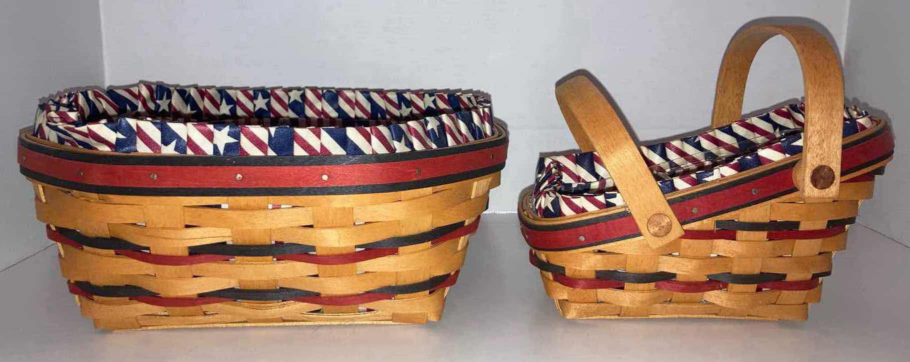 Photo 1 of LONGABERGER 1999 ALL AMERICAN BLUE RIBBON BREAD BASKET & 1996 ALL AMERICAN SUMMERTIME SLEIGH MAPLE WOOD BASKET W USA FABRIC LINER & BASKET PROTECTOR (10.5” X 9” H4.5” & 7.75” X 5” H4.75”)