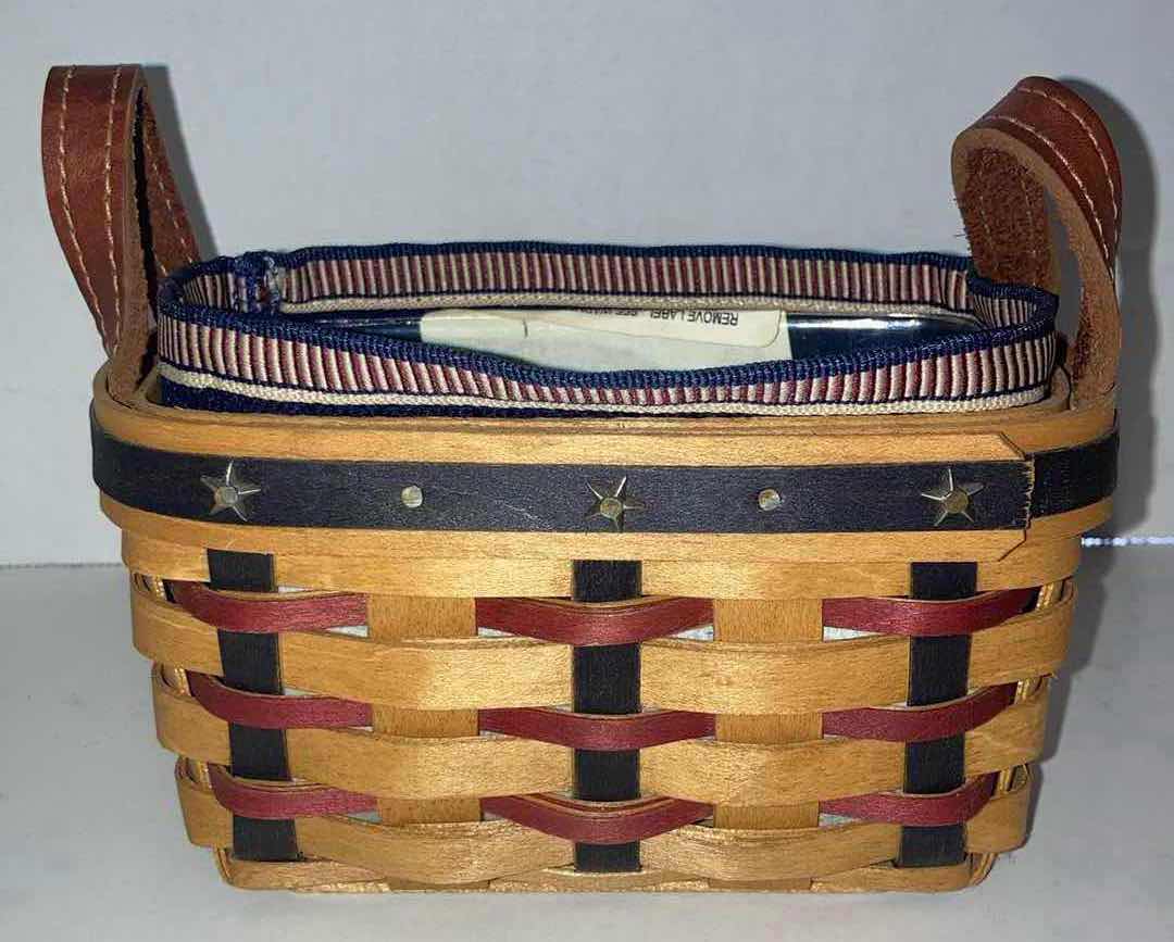 Photo 5 of LONGABERGER 2003 PROUDLY AMERICAN SALT & PEPPER MAPLE WOOD BASKET W AMERICAN FLAG-COLOR FABRIC LINER & BASKET PROTECTOR 5.75” X 3.5” H3.5”