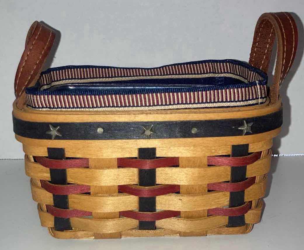 Photo 1 of LONGABERGER 2003 PROUDLY AMERICAN SALT & PEPPER MAPLE WOOD BASKET W AMERICAN FLAG-COLOR FABRIC LINER & BASKET PROTECTOR 5.75” X 3.5” H3.5”