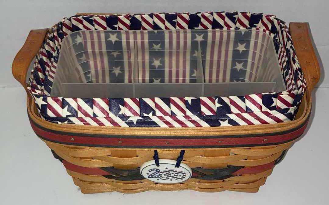 Photo 2 of LONGABERGER 2000 ALL AMERICAN SPARKLER MAPLE WOOD BASKET W USA FABRIC LINER 10” X 7.3” H5.5”