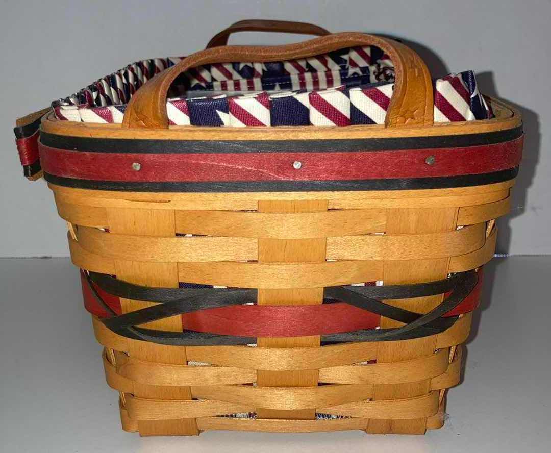 Photo 4 of LONGABERGER 2000 ALL AMERICAN SPARKLER MAPLE WOOD BASKET W USA FABRIC LINER 10” X 7.3” H5.5”