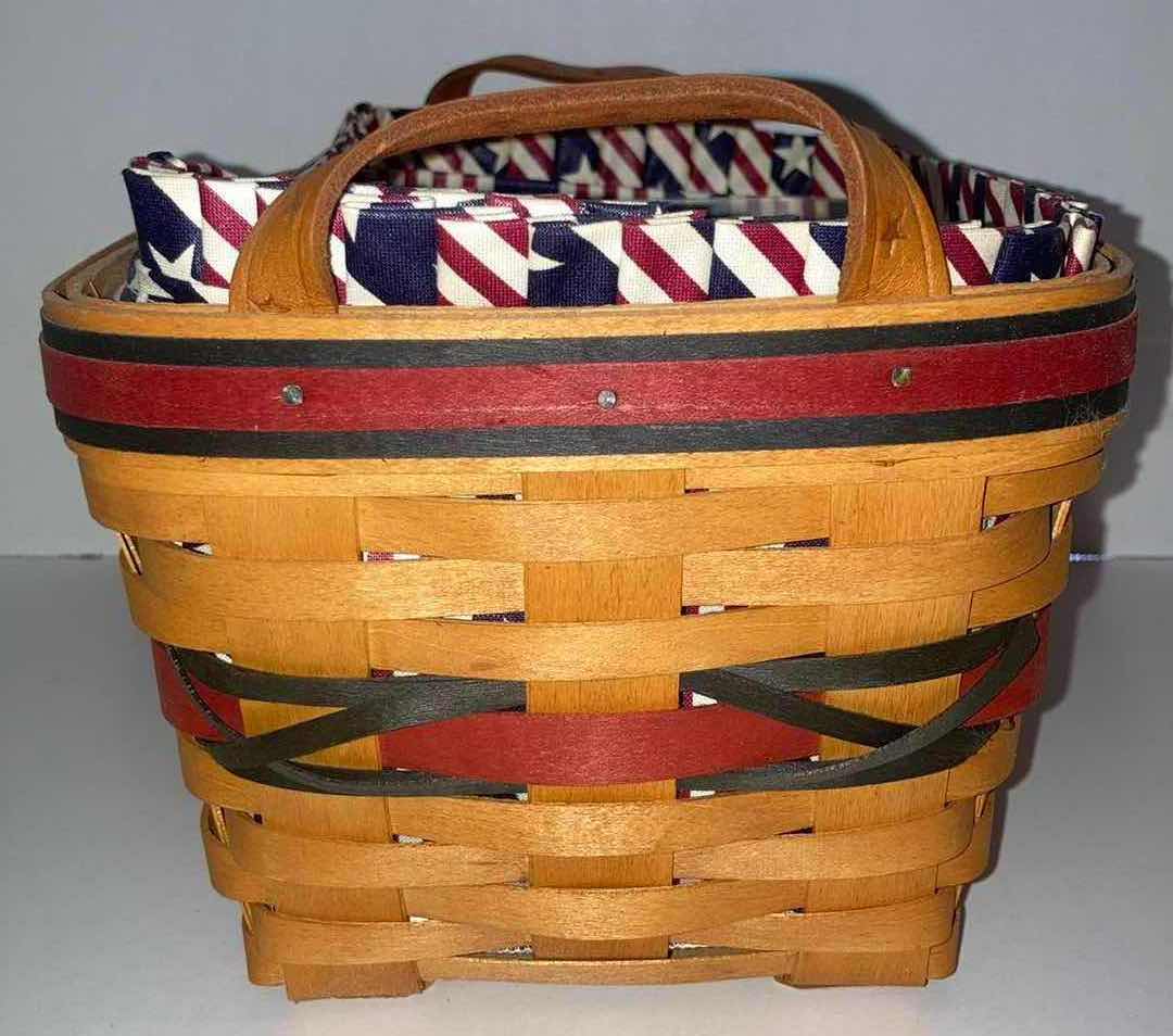 Photo 3 of LONGABERGER 2000 ALL AMERICAN SPARKLER MAPLE WOOD BASKET W USA FABRIC LINER 10” X 7.3” H5.5”