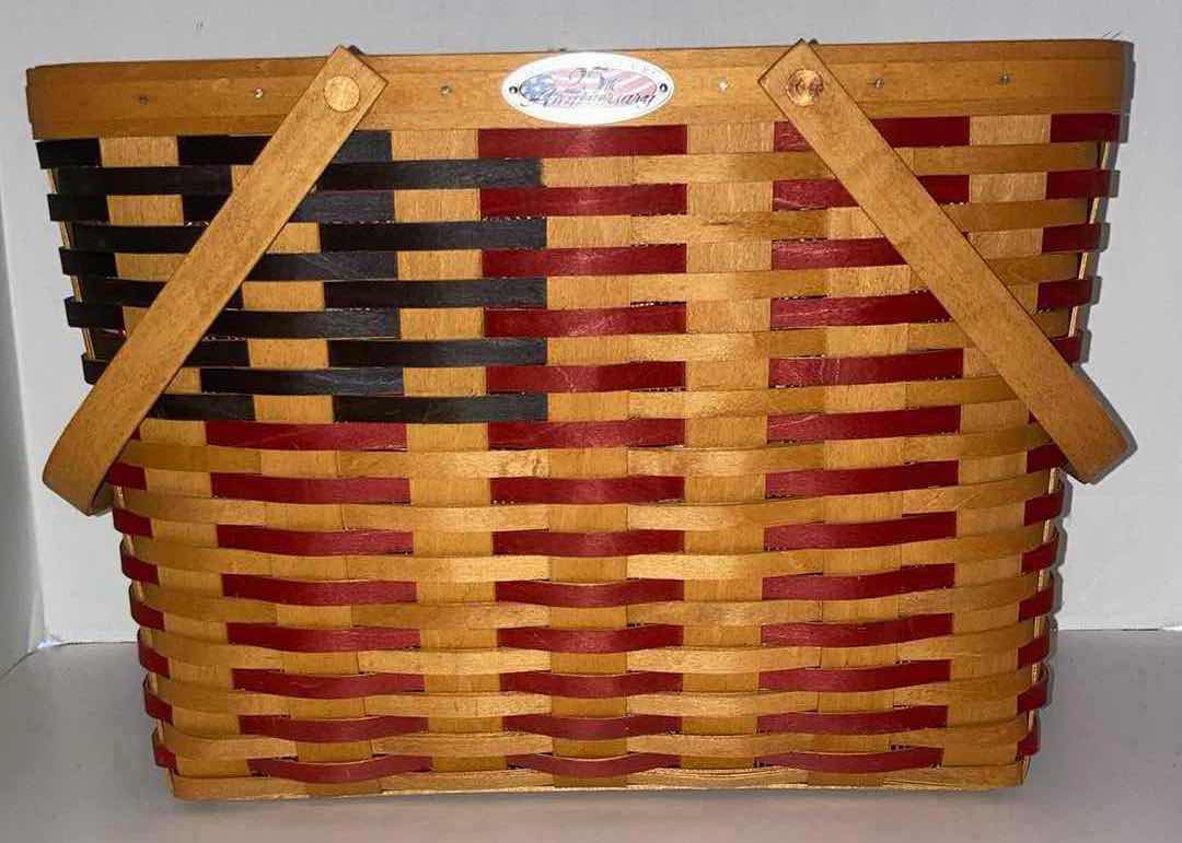 Photo 1 of LONGABERGER 25TH ANNIVERSARY FLAG MAPLE WOOD BASKET W AMERICAN FLAG FABRIC LINER & BASKET PROTECTOR 15.75” X 8.25” H11.25”