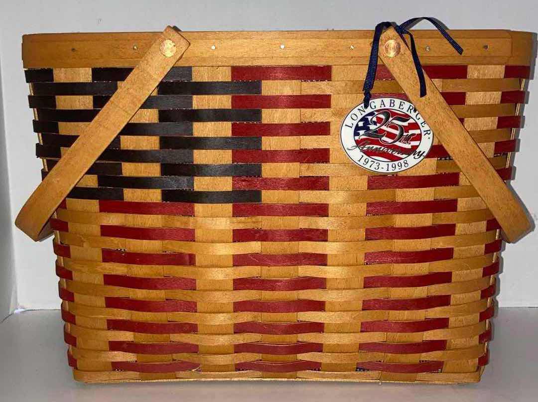 Photo 5 of LONGABERGER 25TH ANNIVERSARY FLAG MAPLE WOOD BASKET W AMERICAN FLAG FABRIC LINER & BASKET PROTECTOR 15.75” X 8.25” H11.25”