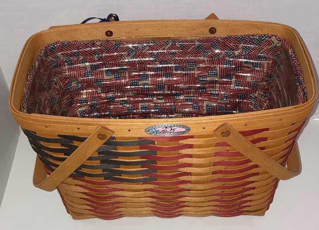 Photo 2 of LONGABERGER 25TH ANNIVERSARY FLAG MAPLE WOOD BASKET W AMERICAN FLAG FABRIC LINER & BASKET PROTECTOR 15.75” X 8.25” H11.25”