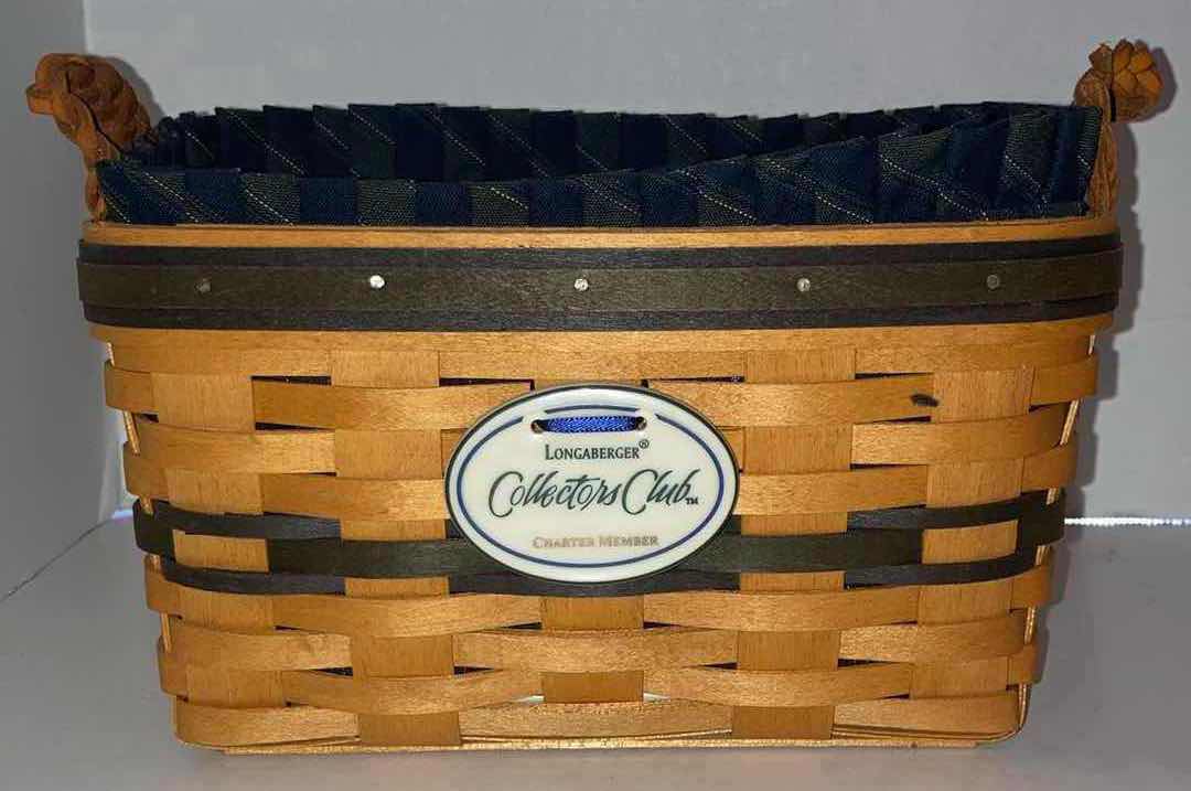 Photo 6 of LONGABERGER 1997 COLLECTORS CLUB RENEWAL & 2001 CHARTER MEMBER MAPLE WOOD BASKETS W BLUE FABRIC LINER & BASKET PROTECTOR (9” x 4.75” H5” & 5” X 5” H6.25”)