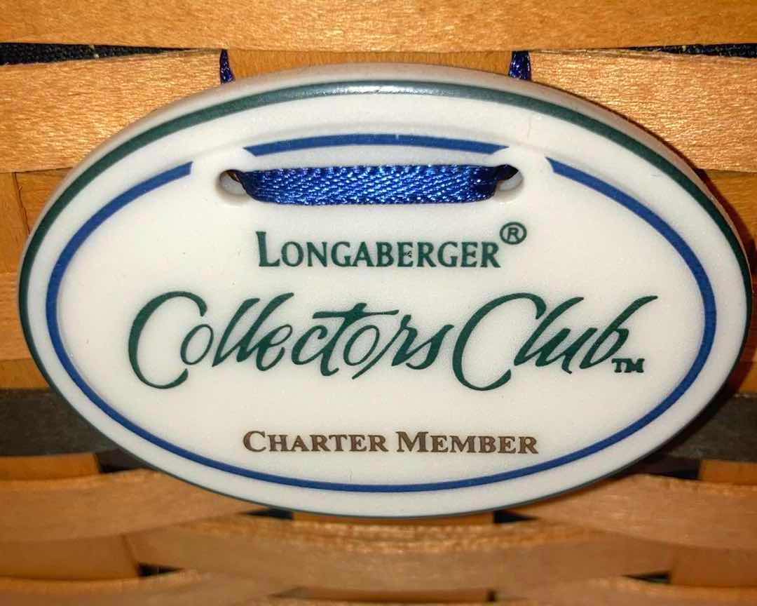 Photo 7 of LONGABERGER 1997 COLLECTORS CLUB RENEWAL & 2001 CHARTER MEMBER MAPLE WOOD BASKETS W BLUE FABRIC LINER & BASKET PROTECTOR (9” x 4.75” H5” & 5” X 5” H6.25”)