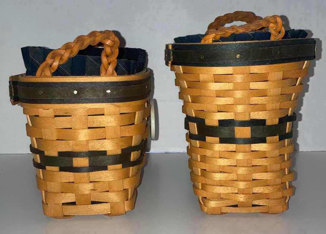 Photo 4 of LONGABERGER 1997 COLLECTORS CLUB RENEWAL & 2001 CHARTER MEMBER MAPLE WOOD BASKETS W BLUE FABRIC LINER & BASKET PROTECTOR (9” x 4.75” H5” & 5” X 5” H6.25”)