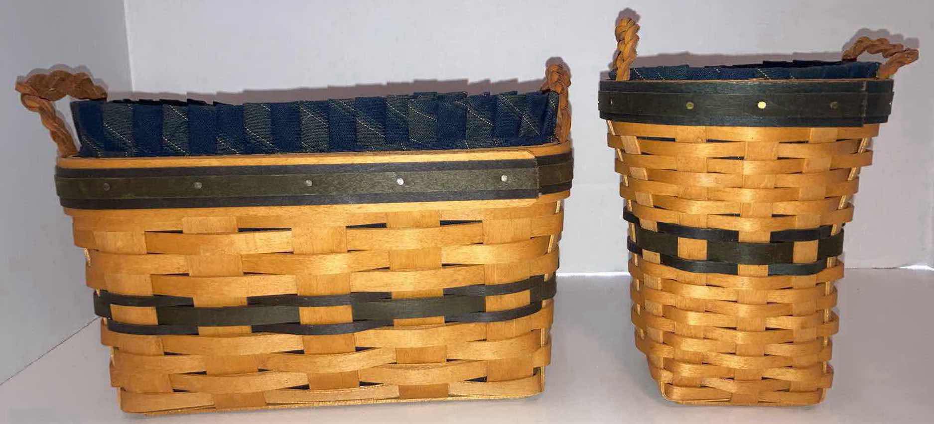 Photo 5 of LONGABERGER 1997 COLLECTORS CLUB RENEWAL & 2001 CHARTER MEMBER MAPLE WOOD BASKETS W BLUE FABRIC LINER & BASKET PROTECTOR (9” x 4.75” H5” & 5” X 5” H6.25”)