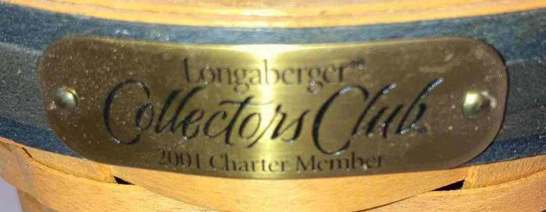 Photo 9 of LONGABERGER 1997 COLLECTORS CLUB RENEWAL & 2001 CHARTER MEMBER MAPLE WOOD BASKETS W BLUE FABRIC LINER & BASKET PROTECTOR (9” x 4.75” H5” & 5” X 5” H6.25”)