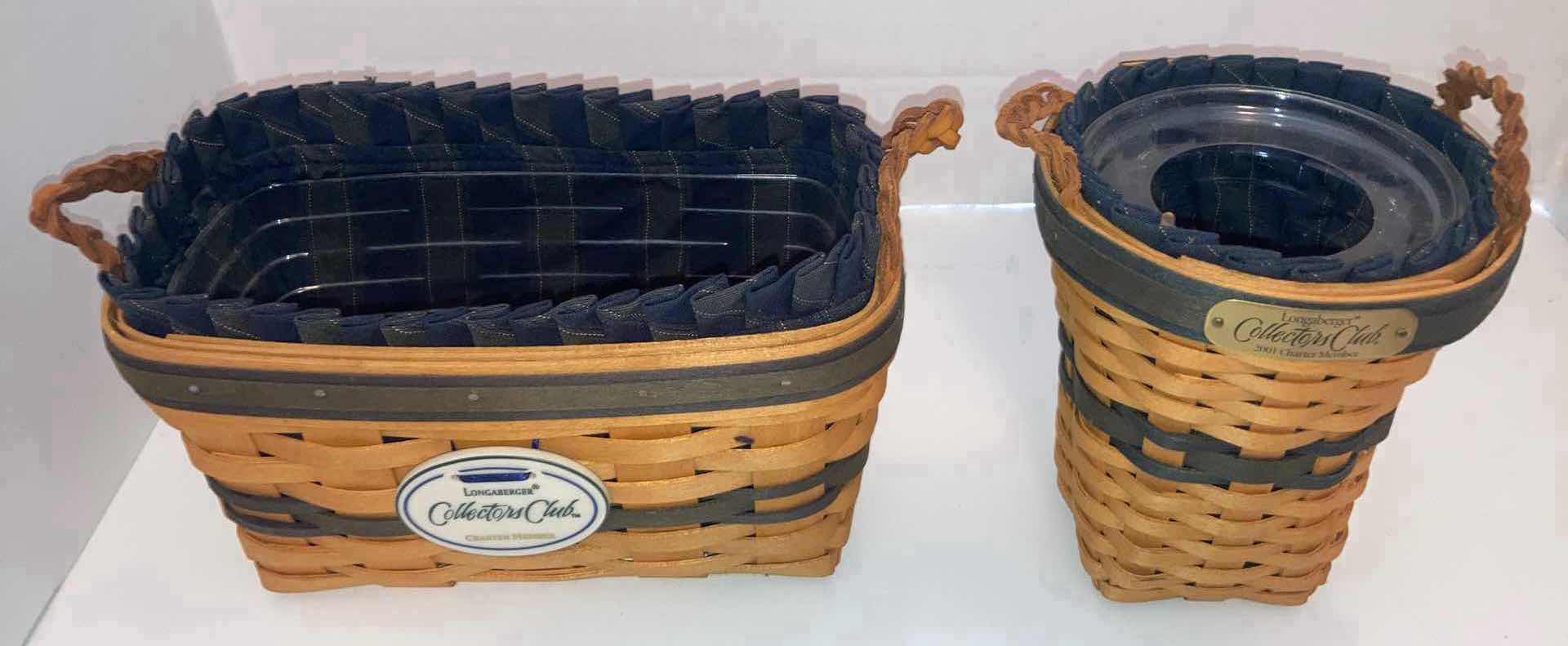 Photo 2 of LONGABERGER 1997 COLLECTORS CLUB RENEWAL & 2001 CHARTER MEMBER MAPLE WOOD BASKETS W BLUE FABRIC LINER & BASKET PROTECTOR (9” x 4.75” H5” & 5” X 5” H6.25”)