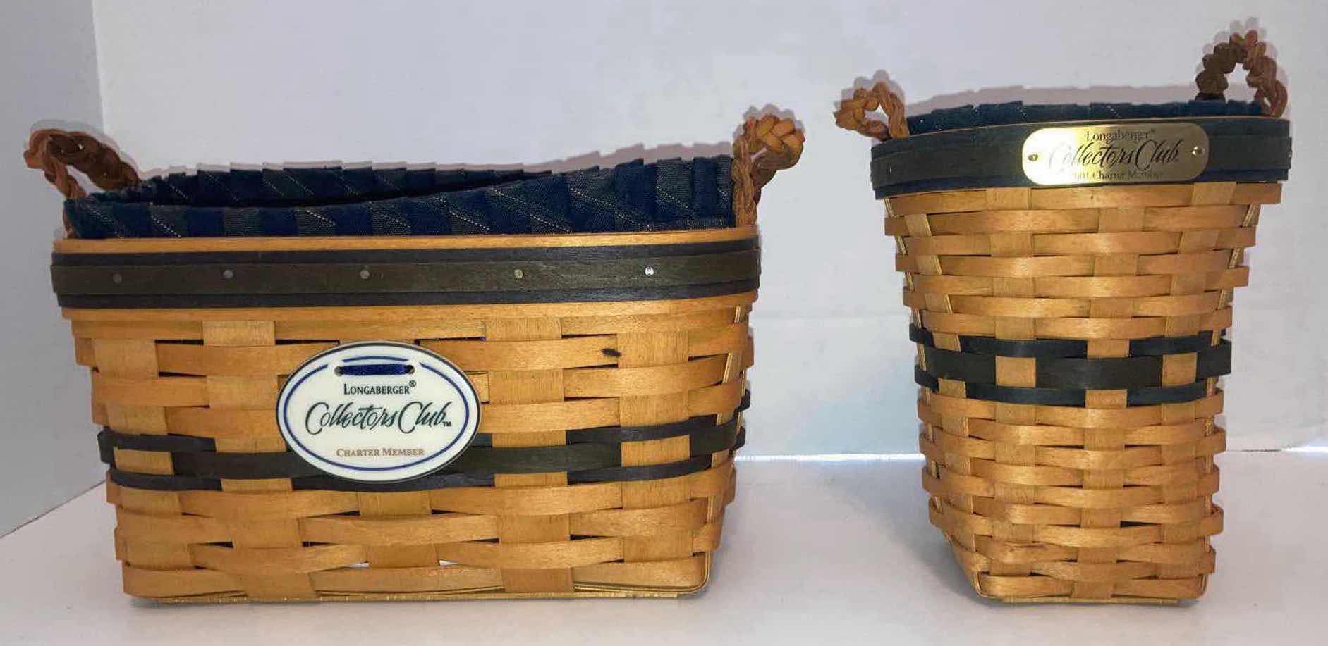 Photo 1 of LONGABERGER 1997 COLLECTORS CLUB RENEWAL & 2001 CHARTER MEMBER MAPLE WOOD BASKETS W BLUE FABRIC LINER & BASKET PROTECTOR (9” x 4.75” H5” & 5” X 5” H6.25”)