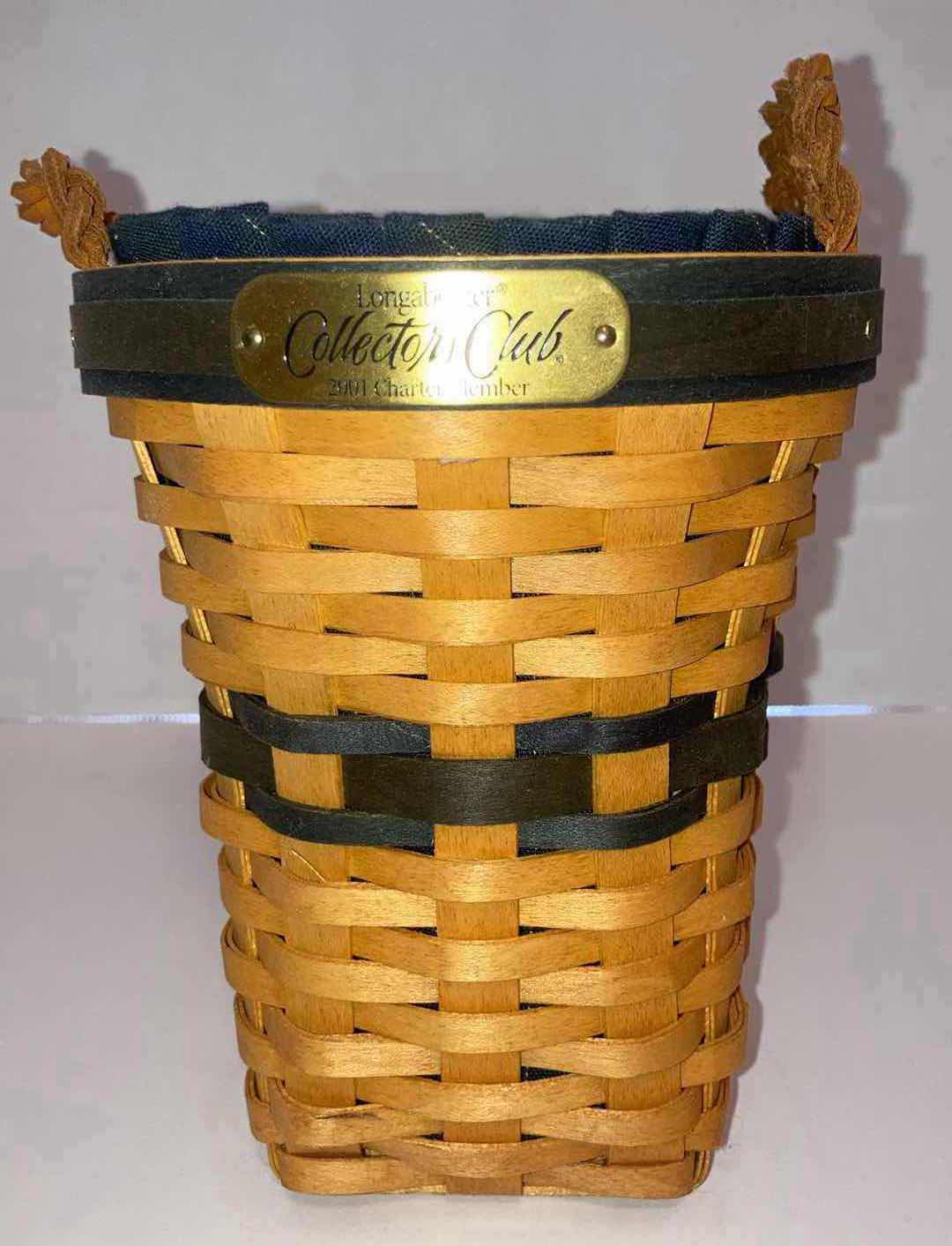 Photo 8 of LONGABERGER 1997 COLLECTORS CLUB RENEWAL & 2001 CHARTER MEMBER MAPLE WOOD BASKETS W BLUE FABRIC LINER & BASKET PROTECTOR (9” x 4.75” H5” & 5” X 5” H6.25”)