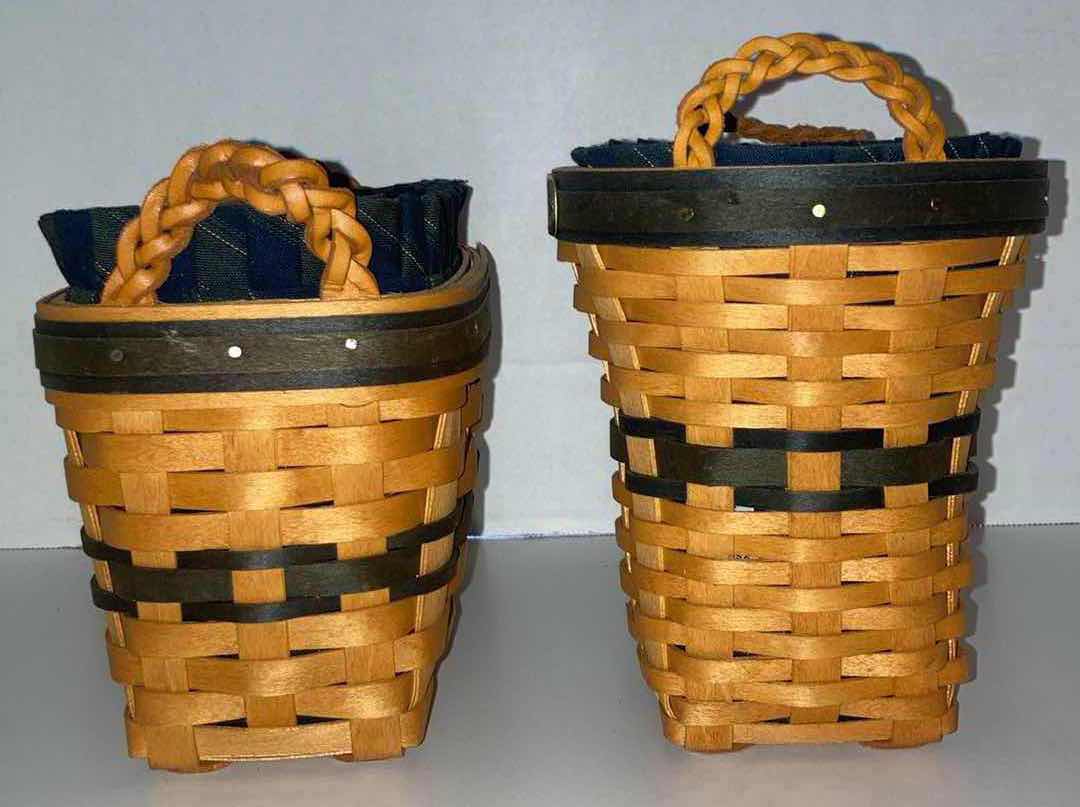 Photo 3 of LONGABERGER 1997 COLLECTORS CLUB RENEWAL & 2001 CHARTER MEMBER MAPLE WOOD BASKETS W BLUE FABRIC LINER & BASKET PROTECTOR (9” x 4.75” H5” & 5” X 5” H6.25”)