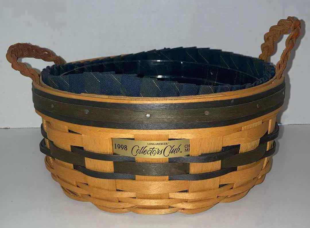 Photo 5 of LONGABERGER 1998 COLLECTORS CLUB RENEWAL, 1998 THYME & 2001 GATHERING MAPLE WOOD BASKETS W BLUE FABRIC LINER & BASKET PROTECTOR (8.25” X 8.25” H4”, 5” X 5” H3.25” & 11.75” X 7.5” H3.25”)