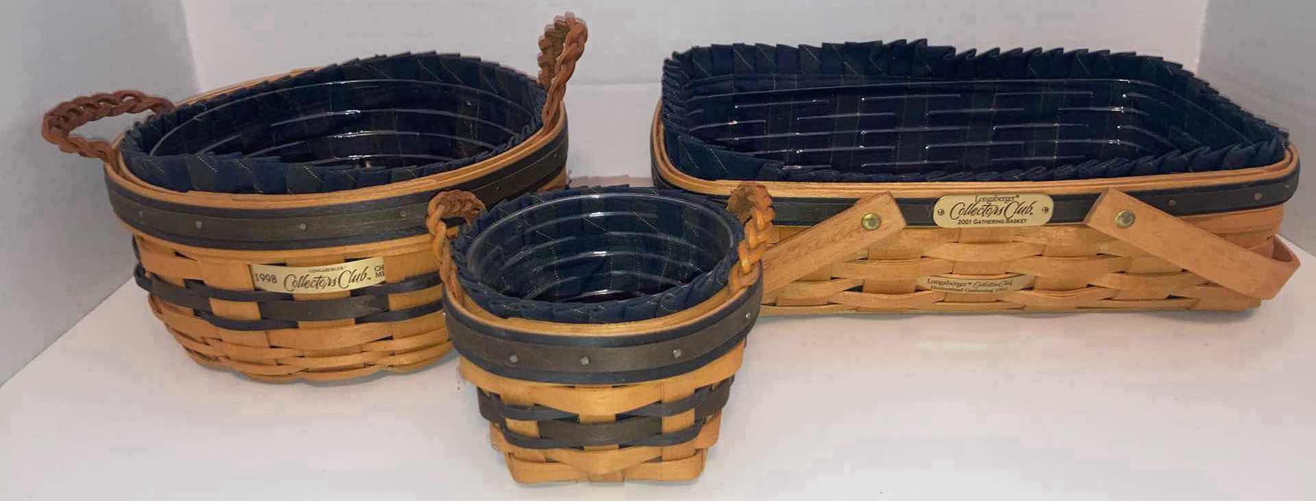 Photo 1 of LONGABERGER 1998 COLLECTORS CLUB RENEWAL, 1998 THYME & 2001 GATHERING MAPLE WOOD BASKETS W BLUE FABRIC LINER & BASKET PROTECTOR (8.25” X 8.25” H4”, 5” X 5” H3.25” & 11.75” X 7.5” H3.25”)