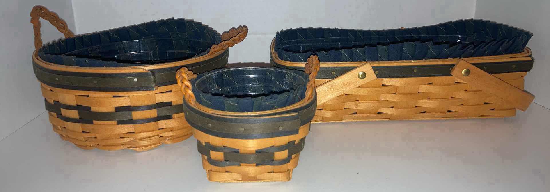 Photo 4 of LONGABERGER 1998 COLLECTORS CLUB RENEWAL, 1998 THYME & 2001 GATHERING MAPLE WOOD BASKETS W BLUE FABRIC LINER & BASKET PROTECTOR (8.25” X 8.25” H4”, 5” X 5” H3.25” & 11.75” X 7.5” H3.25”)