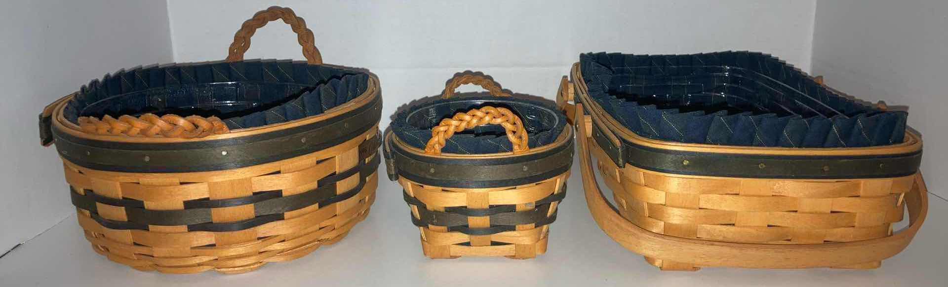 Photo 3 of LONGABERGER 1998 COLLECTORS CLUB RENEWAL, 1998 THYME & 2001 GATHERING MAPLE WOOD BASKETS W BLUE FABRIC LINER & BASKET PROTECTOR (8.25” X 8.25” H4”, 5” X 5” H3.25” & 11.75” X 7.5” H3.25”)