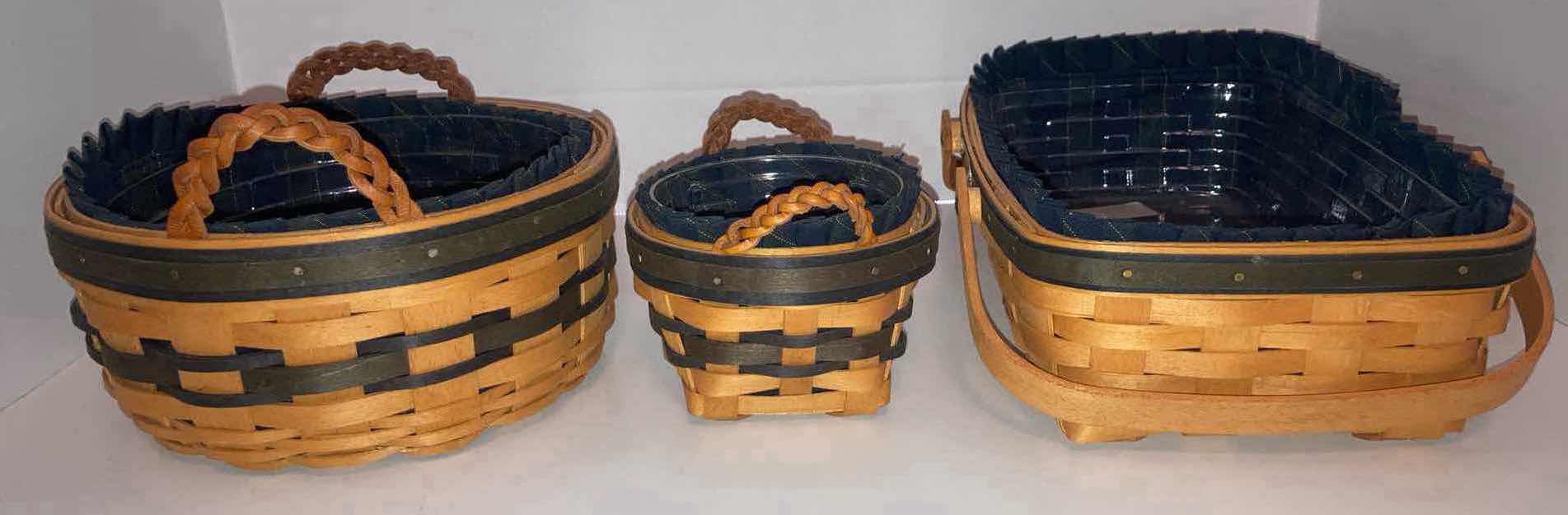 Photo 2 of LONGABERGER 1998 COLLECTORS CLUB RENEWAL, 1998 THYME & 2001 GATHERING MAPLE WOOD BASKETS W BLUE FABRIC LINER & BASKET PROTECTOR (8.25” X 8.25” H4”, 5” X 5” H3.25” & 11.75” X 7.5” H3.25”)