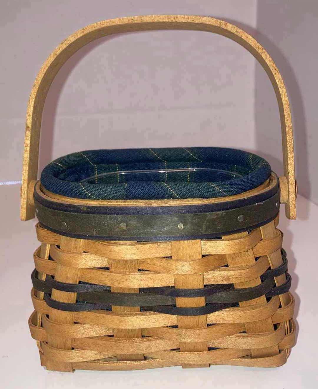 Photo 7 of LONGABERGER 2000 COLLECTORS CLUB SPRING MEADOW & 2003 RENEWAL MAPLE WOOD BASKETS W BLUE FABRIC LINER & BASKET PROTECTOR (16.5” X 10.75” H4” & 5” X 3.5” H3.5”)