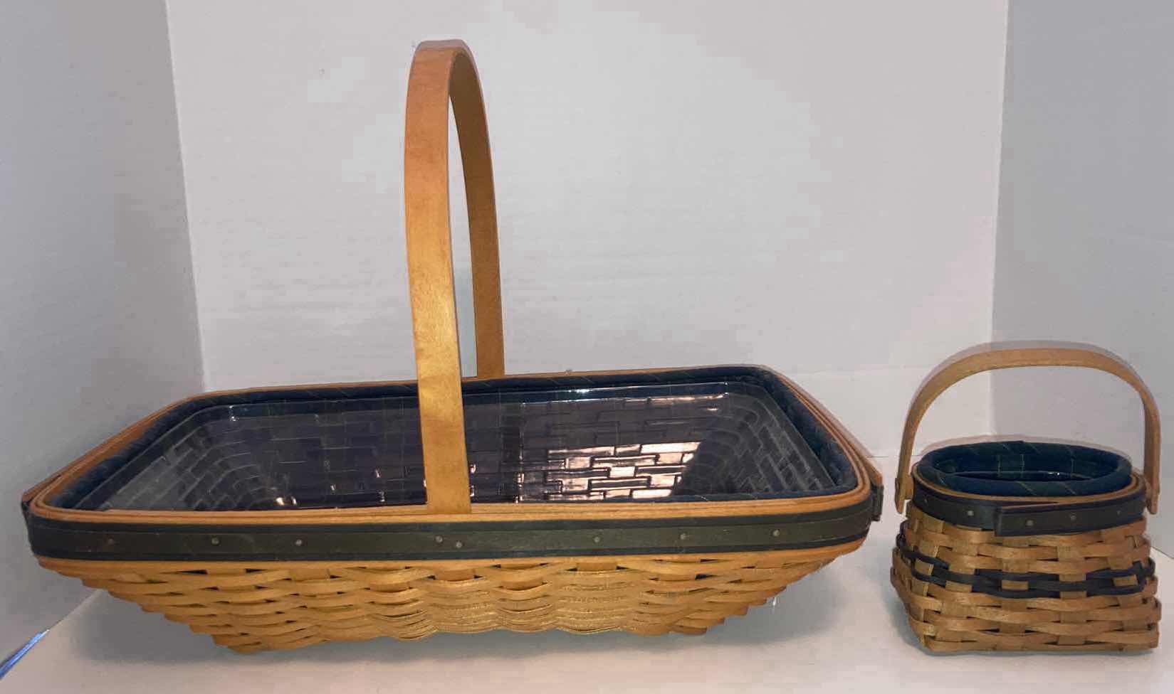 Photo 4 of LONGABERGER 2000 COLLECTORS CLUB SPRING MEADOW & 2003 RENEWAL MAPLE WOOD BASKETS W BLUE FABRIC LINER & BASKET PROTECTOR (16.5” X 10.75” H4” & 5” X 3.5” H3.5”)