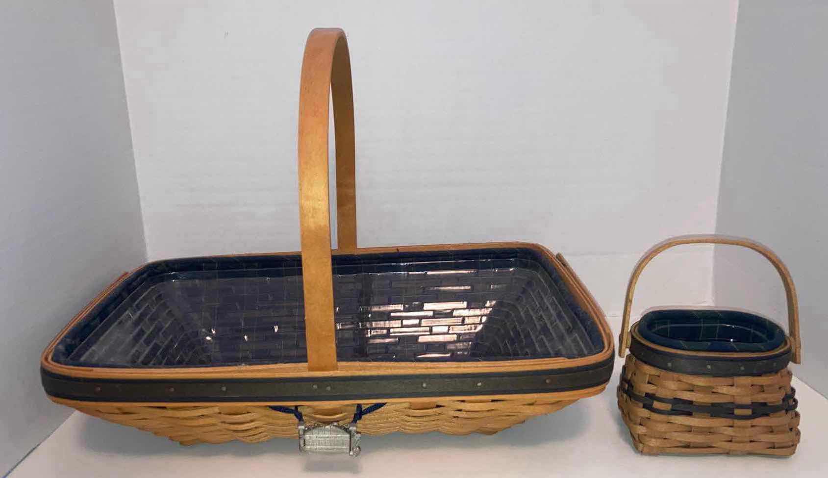 Photo 1 of LONGABERGER 2000 COLLECTORS CLUB SPRING MEADOW & 2003 RENEWAL MAPLE WOOD BASKETS W BLUE FABRIC LINER & BASKET PROTECTOR (16.5” X 10.75” H4” & 5” X 3.5” H3.5”)