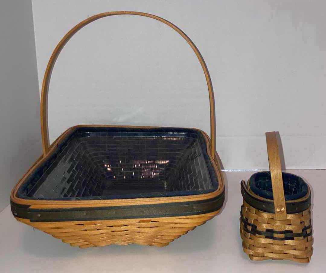 Photo 3 of LONGABERGER 2000 COLLECTORS CLUB SPRING MEADOW & 2003 RENEWAL MAPLE WOOD BASKETS W BLUE FABRIC LINER & BASKET PROTECTOR (16.5” X 10.75” H4” & 5” X 3.5” H3.5”)