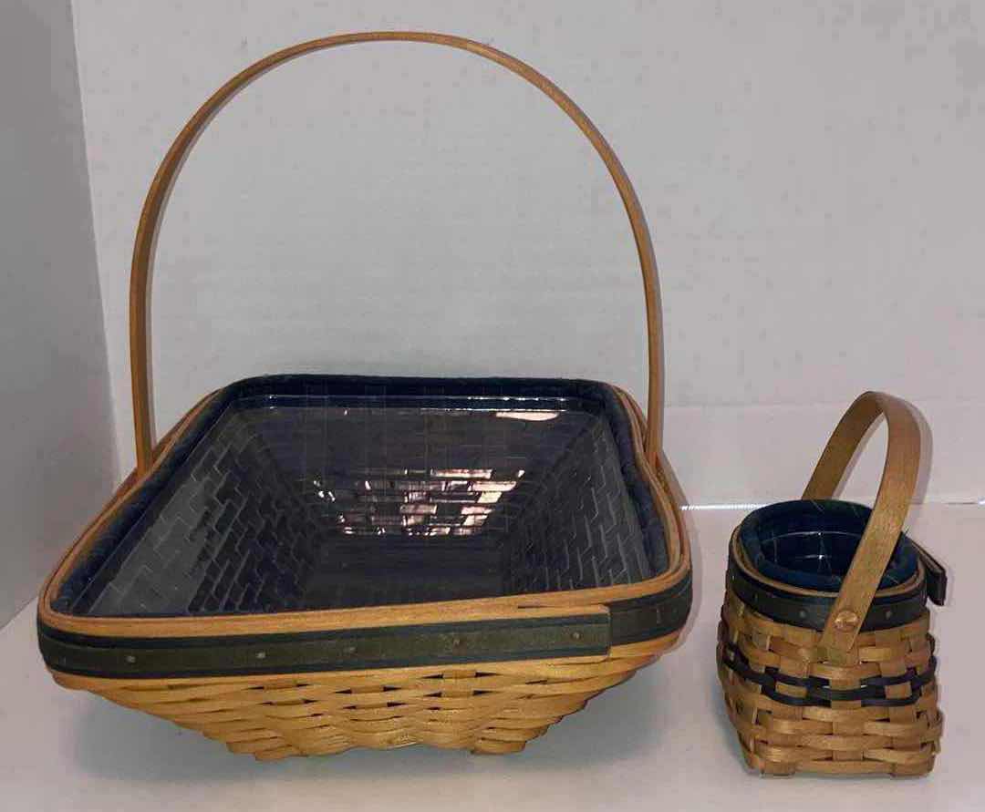 Photo 2 of LONGABERGER 2000 COLLECTORS CLUB SPRING MEADOW & 2003 RENEWAL MAPLE WOOD BASKETS W BLUE FABRIC LINER & BASKET PROTECTOR (16.5” X 10.75” H4” & 5” X 3.5” H3.5”)