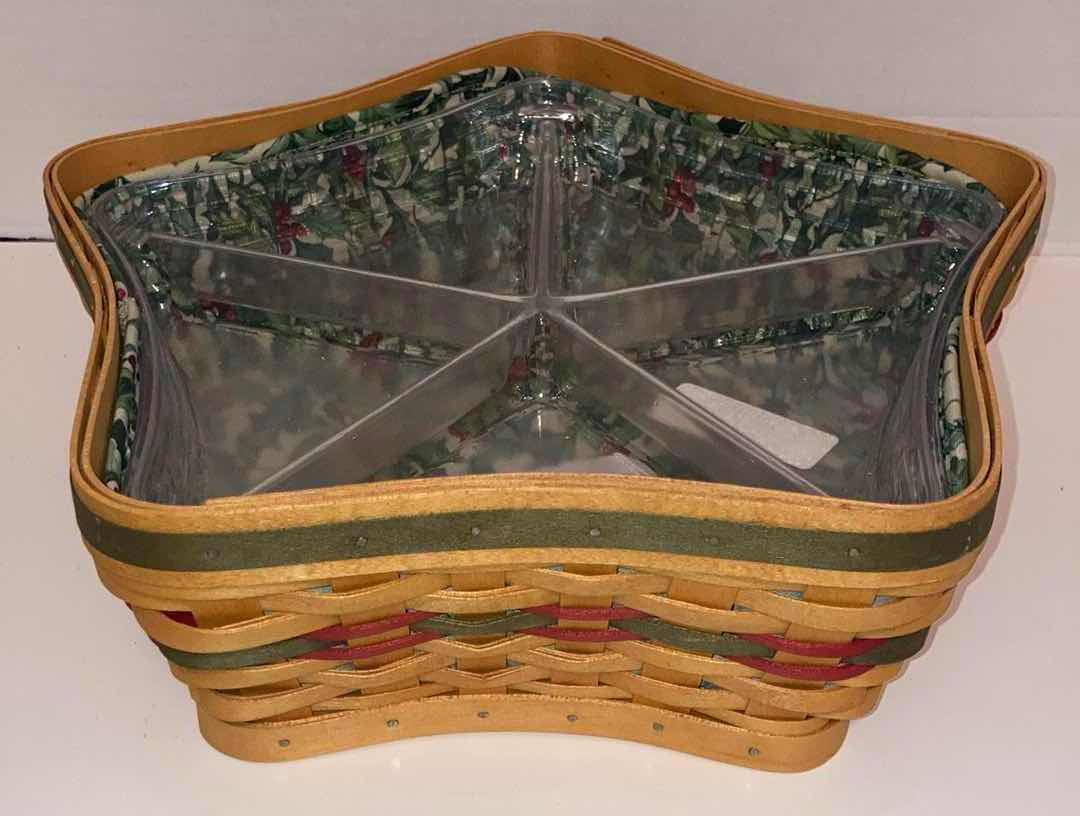 Photo 1 of LONGABERGER 2001 HOLIDAY HOSTESS RED SHINING STAR MAPLE WOOD BASKET W MISTLETOE FABRIC LINER & BASKET PROTECTOR 14” X 14” H5.25”