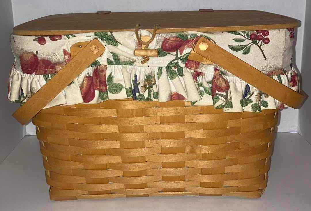 Photo 1 of LONGABERGER PICNIC MAPLE WOOD BASKET W FRUIT FABRIC LINER & BASKET PROTECTOR 16.5” X 13” H10.75”