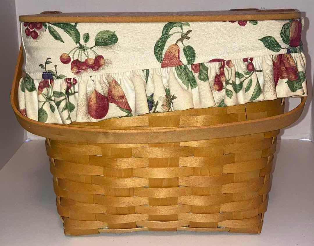 Photo 3 of LONGABERGER PICNIC MAPLE WOOD BASKET W FRUIT FABRIC LINER & BASKET PROTECTOR 16.5” X 13” H10.75”