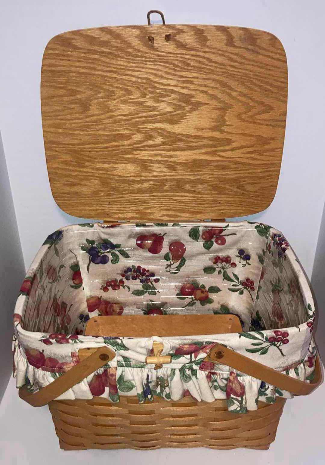 Photo 2 of LONGABERGER PICNIC MAPLE WOOD BASKET W FRUIT FABRIC LINER & BASKET PROTECTOR 16.5” X 13” H10.75”