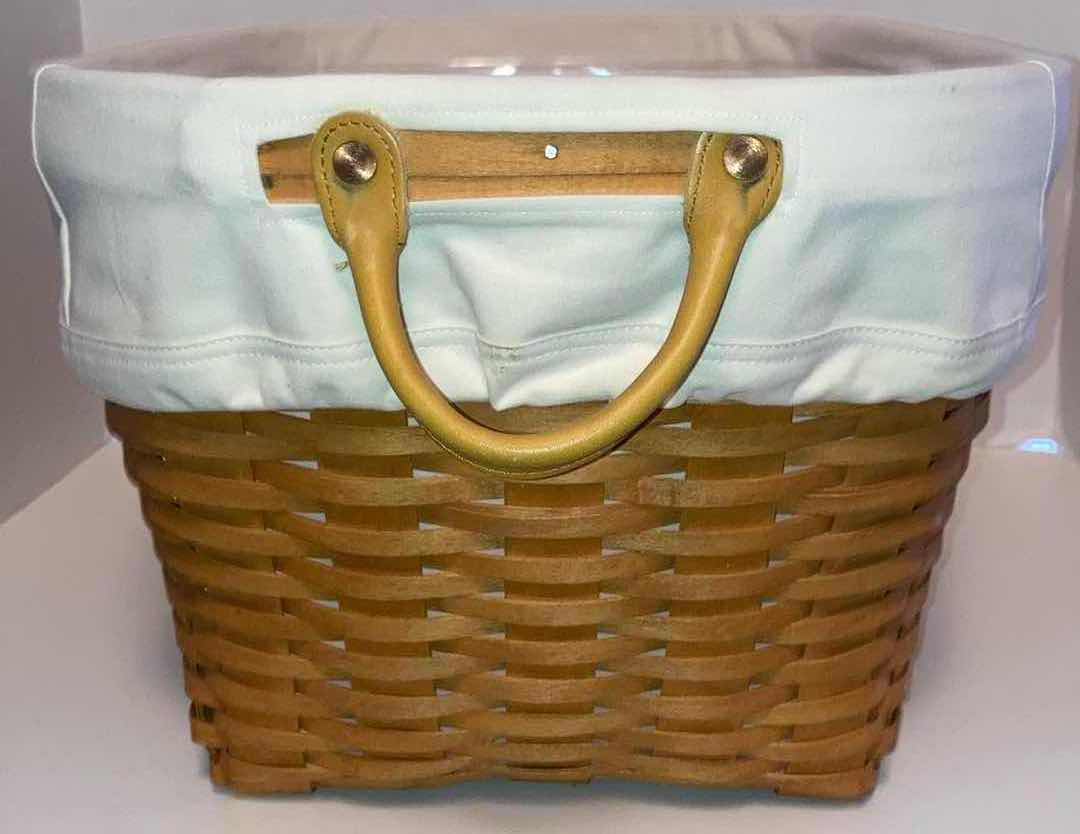 Photo 3 of LONGABERGER OVAL LAUNDRY MAPLE WOOD BASKET W WHITE FABRIC LINER & BASKET PROTECTOR 21” X 14.5” H10.75”