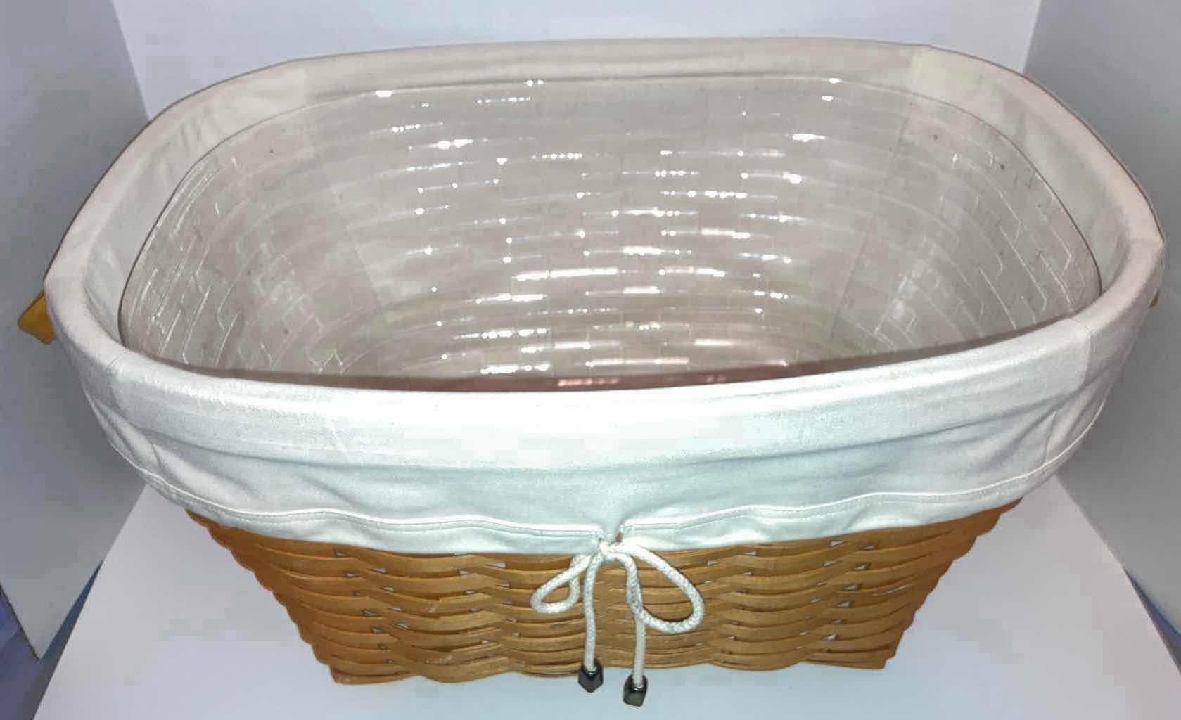 Photo 2 of LONGABERGER OVAL LAUNDRY MAPLE WOOD BASKET W WHITE FABRIC LINER & BASKET PROTECTOR 21” X 14.5” H10.75”