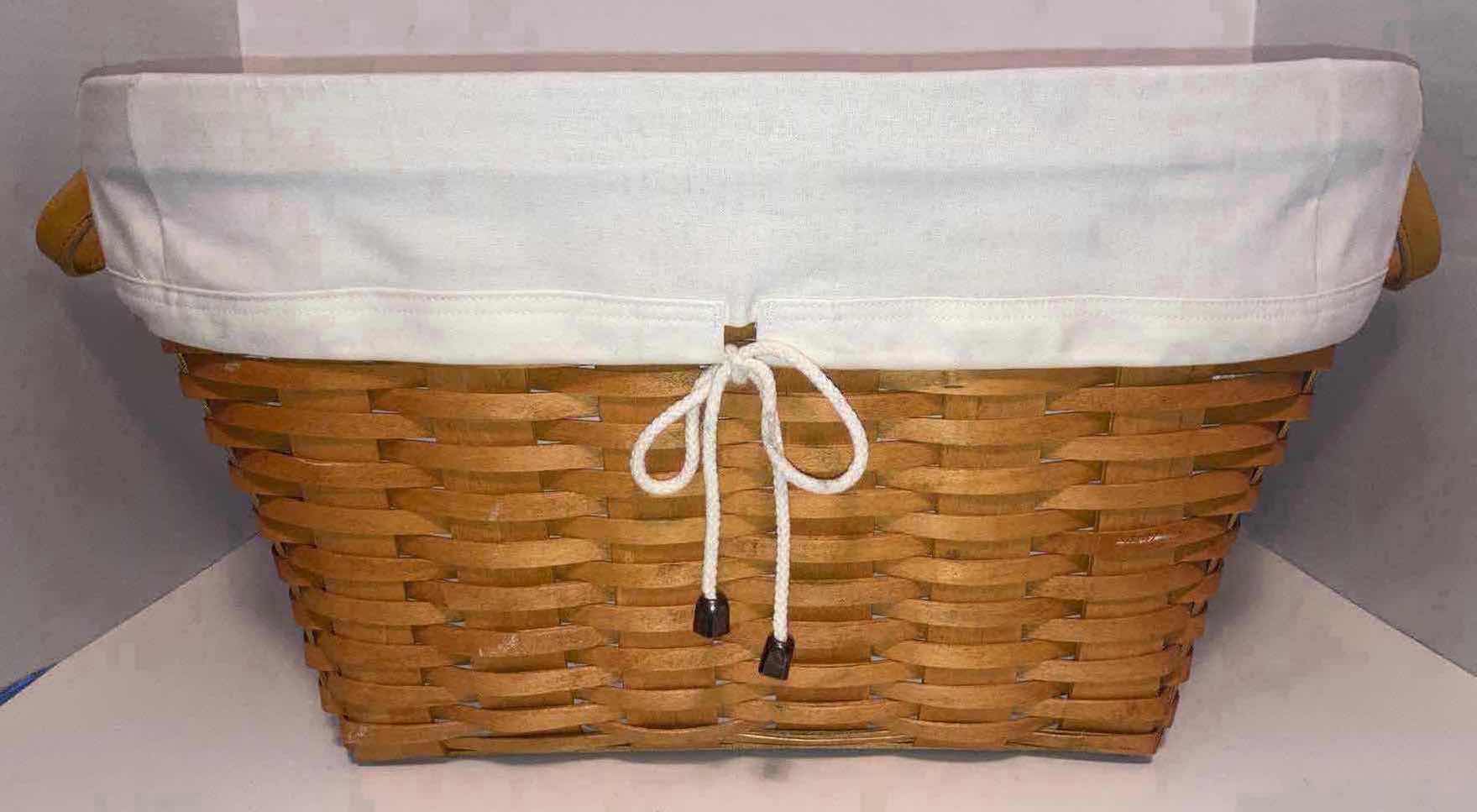 Photo 1 of LONGABERGER OVAL LAUNDRY MAPLE WOOD BASKET W WHITE FABRIC LINER & BASKET PROTECTOR 21” X 14.5” H10.75”