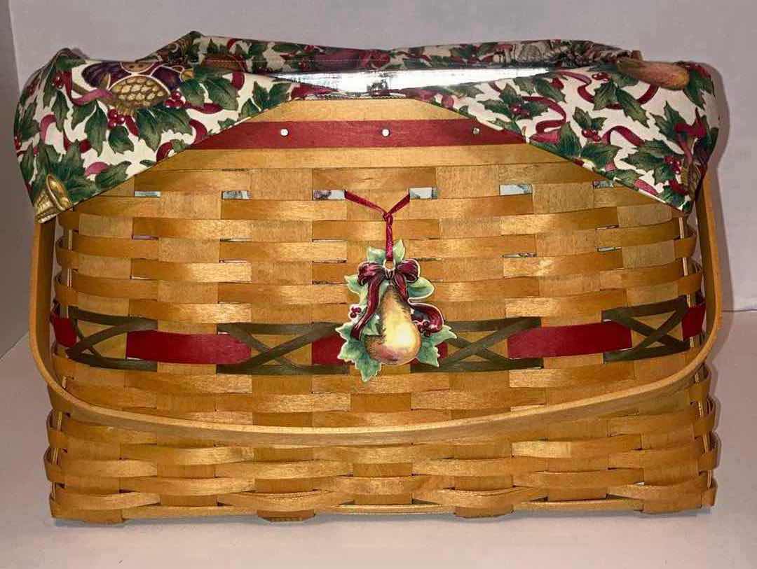 Photo 1 of LONGABERGER 2000 CHRISTMAS COLLECTION DECK THE HALLS MAPLE WOOD BASKET W MISTLETOE/PEAR FABRIC LINER AND BASKET PROTECTOR 13” X 13” H9”