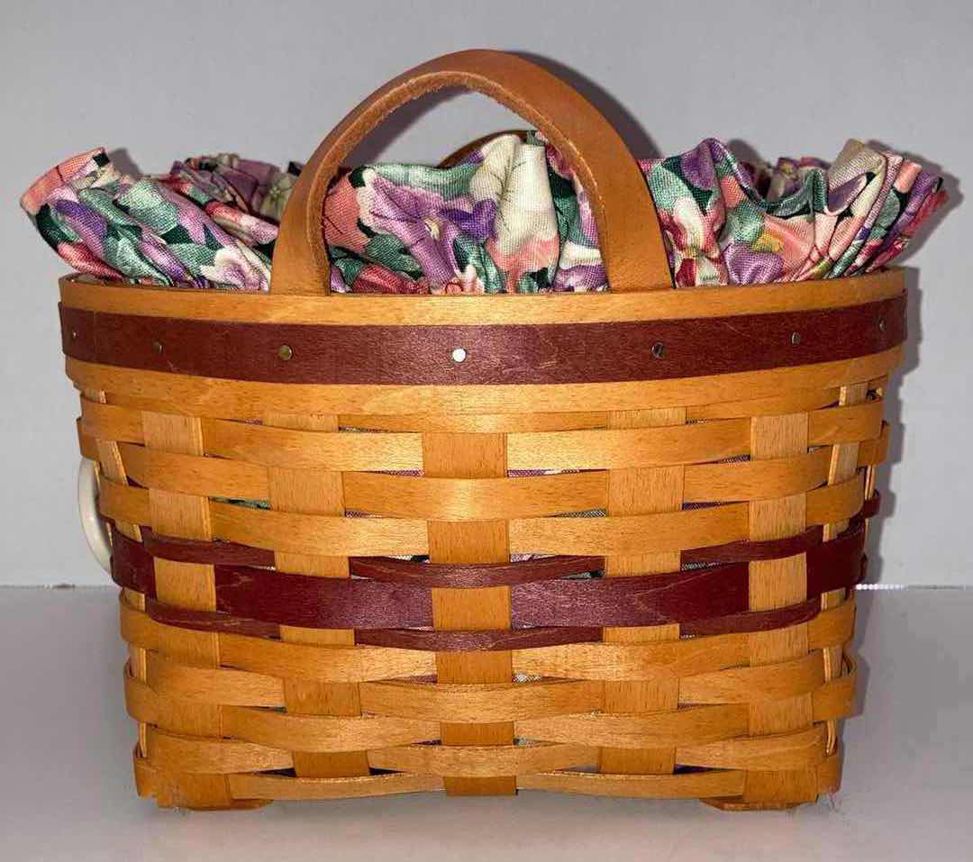 Photo 3 of LONGABERGER 1997 MAY SERIES PETUNIA MAPLE WOOD BASKET W PETUNIA FABRIC LINER & BASKET PROTECTOR 9.5” X 9.5” H5.5”